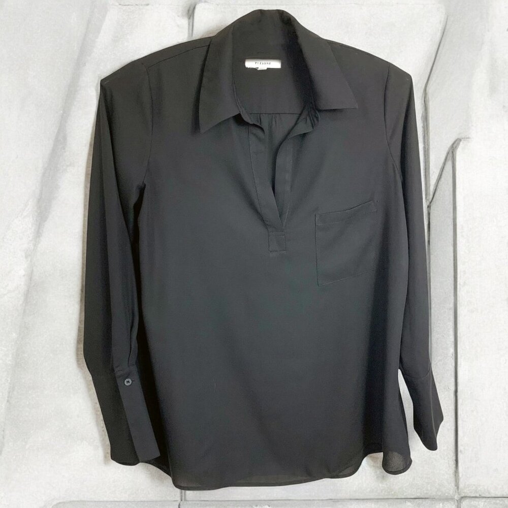 Pleione Black Chiffon V-Neck Collared Long Sleeve Tunic Top